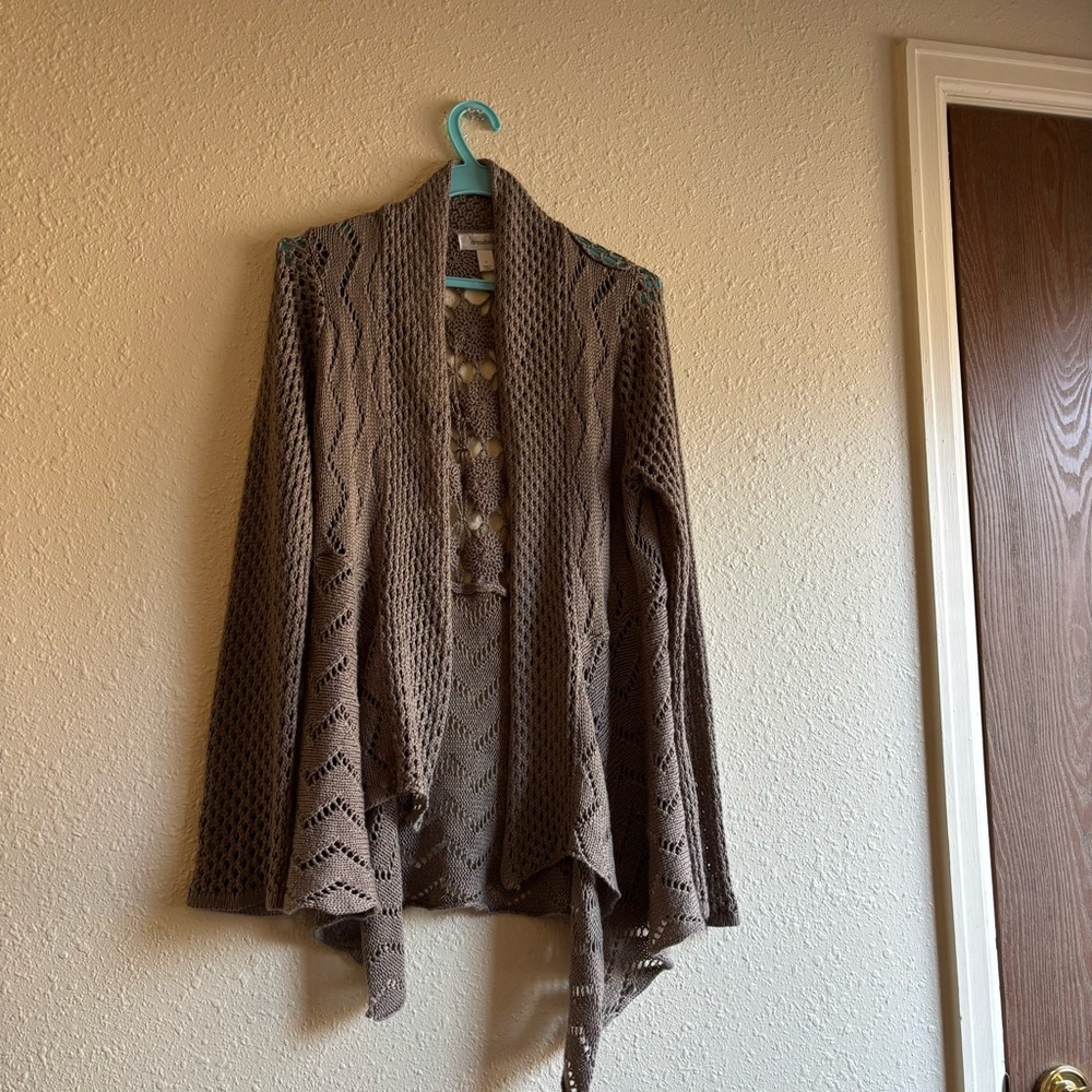 dressbarn Taupe Open-Front Crochet Cardigan